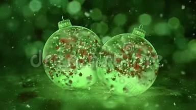 两个旋转圣诞绿冰玻璃包布雪红花瓣背景环